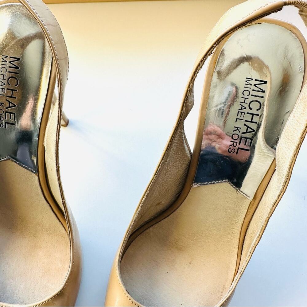 MICHAEL KORS Nude Beige Tan Leather Peep Toe Slingback 5” Heel Pumps Shoes 7 - Picture 7 of 16